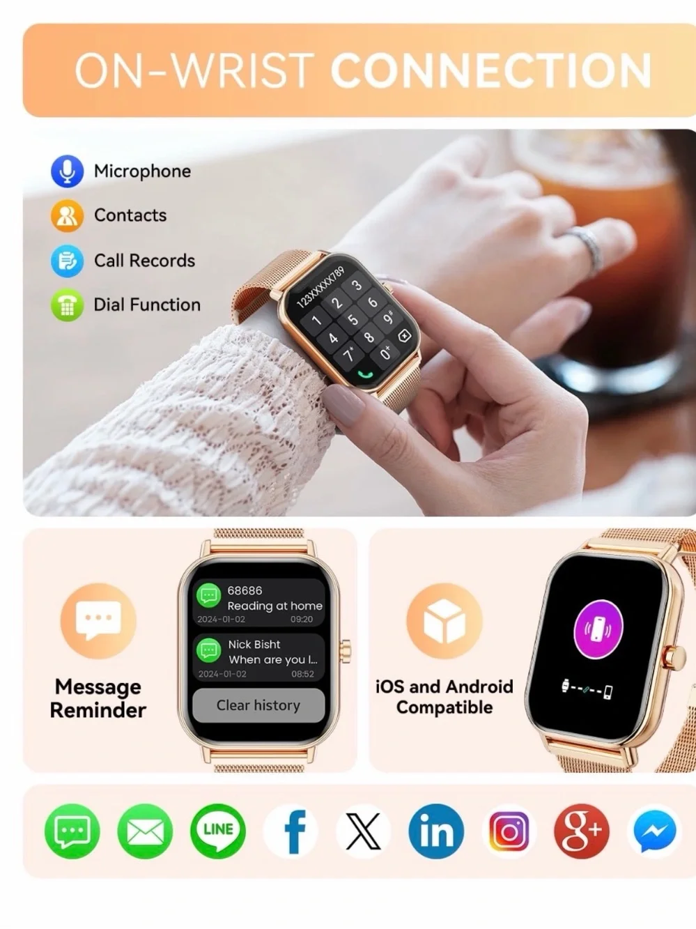 Rose Gold Smartwatch with Rose Gold Mesh Band and Pink Accent Strap
